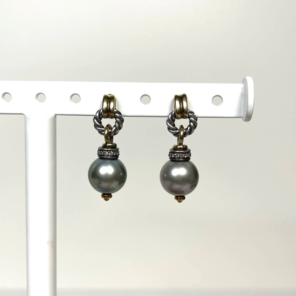 David Yurman Sterling Silver, 18K Tahitian Pearls Diamond Drop Earrings